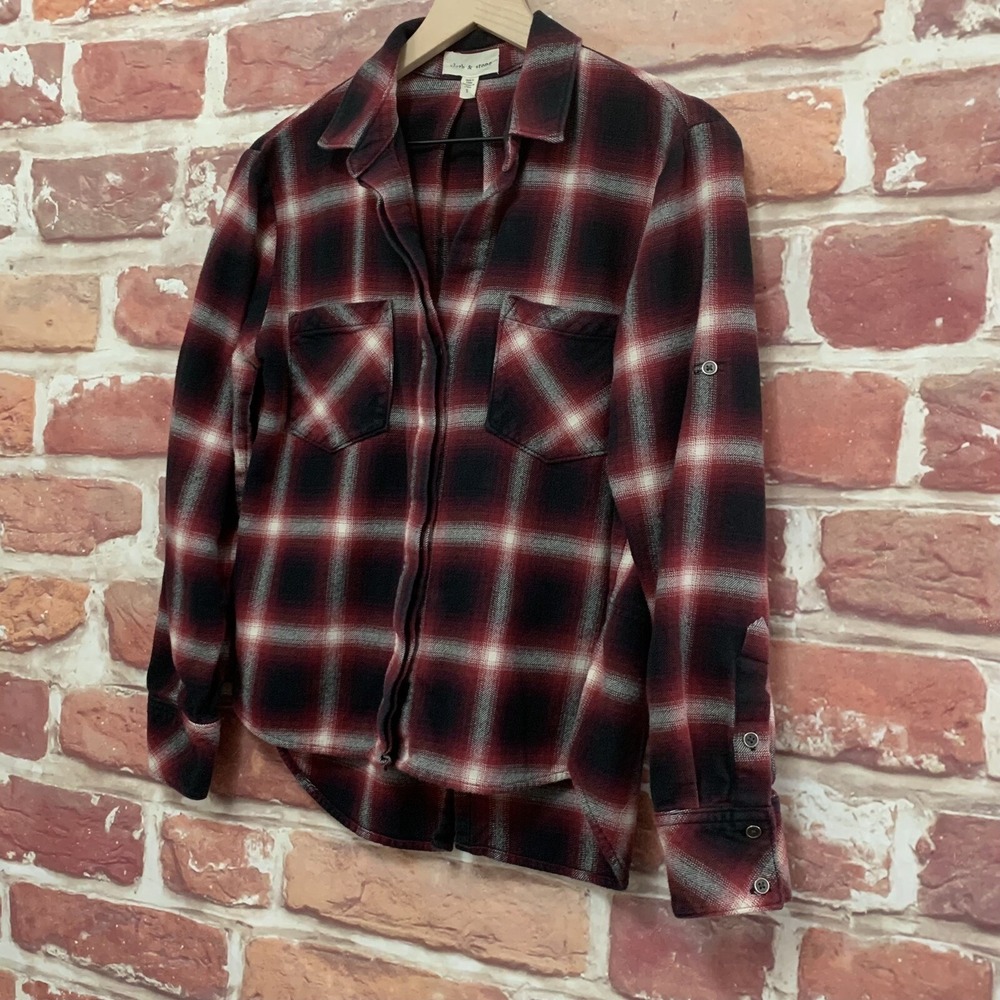 Anthropologie Cloth & Stone Top Women's Small Black Red Plaid Button Up Shirt - Picture 2 of 7